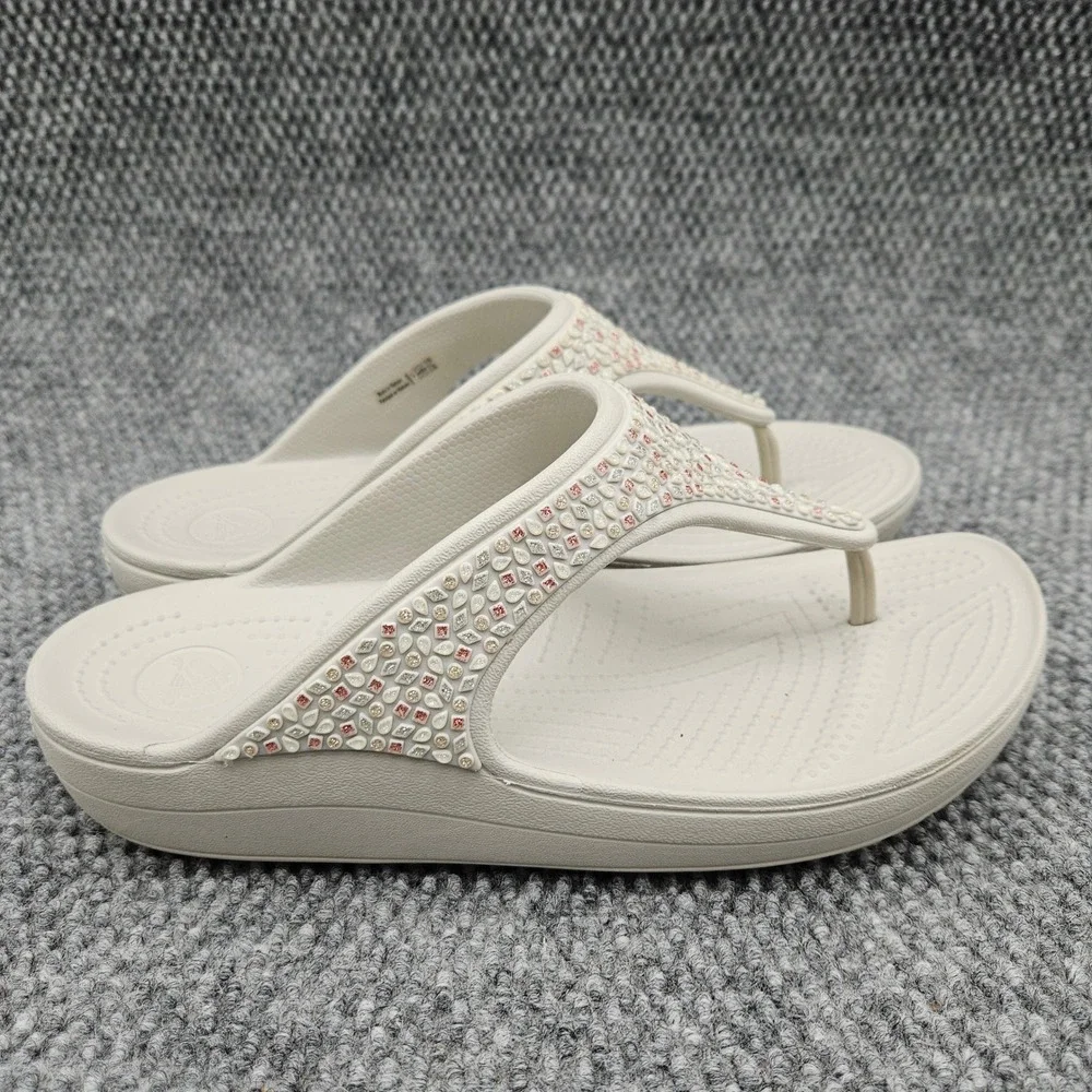Crocs Sloane Women's 11 Oyster Sandals Flip Flops Embellished Rhinestone Wedge‎